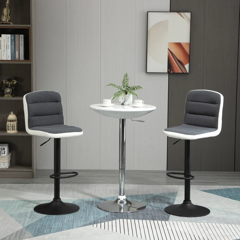 HOMCOM Bar Stools Set of 2, Height Adjustable Bar Chairs in Fabric and Faux Leather, 360° Swivel Kitchen Stool with Backrest and Footrest, Dark Grey