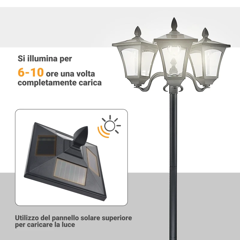 Outsunny Lampada da Giardino Solare 3 LED Lampada da Terra Esterno Classico IP44, 51.5x47x182.5cm