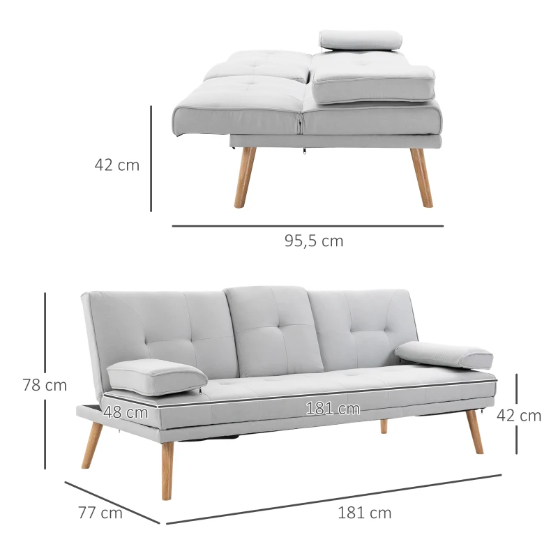 HOMCOM Canapé convertible 3 places, canapé-lit rembourré avec dossier réglable 3 niveaux, 2 coussins et 2 porte-gobelets intégrés, tissu de lin, pour salon, chambre d'amis, petit espace, gris clair
