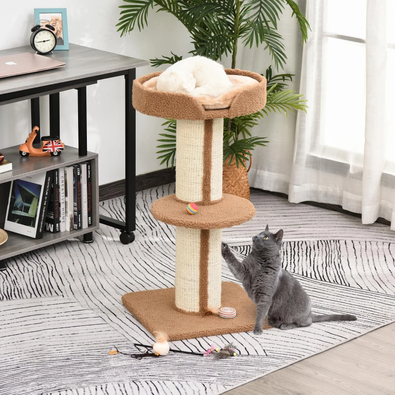 PawHut 91cm Cat Tree, Cat Tower with Scratching Post, Bed, Perch, Removable Cushion for Indoor Kittens, Brown