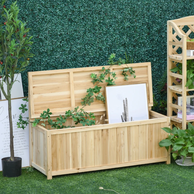 Outsunny Panca Contenitore da Esterno in Legno di Abete Naturale con Schienale per Giardino e Terrazza, 115x45x75cm