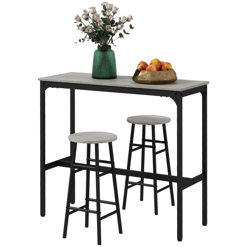 HOMCOM 3 Piece Bar Table Set with 2 Stools, Industrial Bar Table and Stool Set, Dining Table and Chair Set, Grey