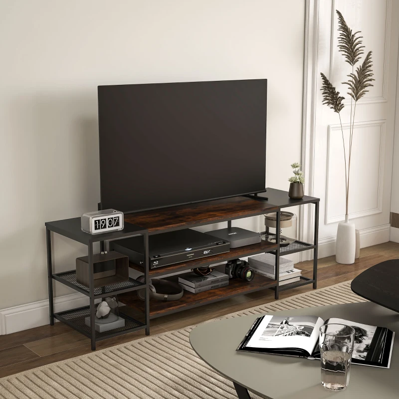 HOMCOM TV Unit Cabinet for TVs up to 60 Inches, Industrial TV Stand with Storage Shelves for Living Room, Brown and Black