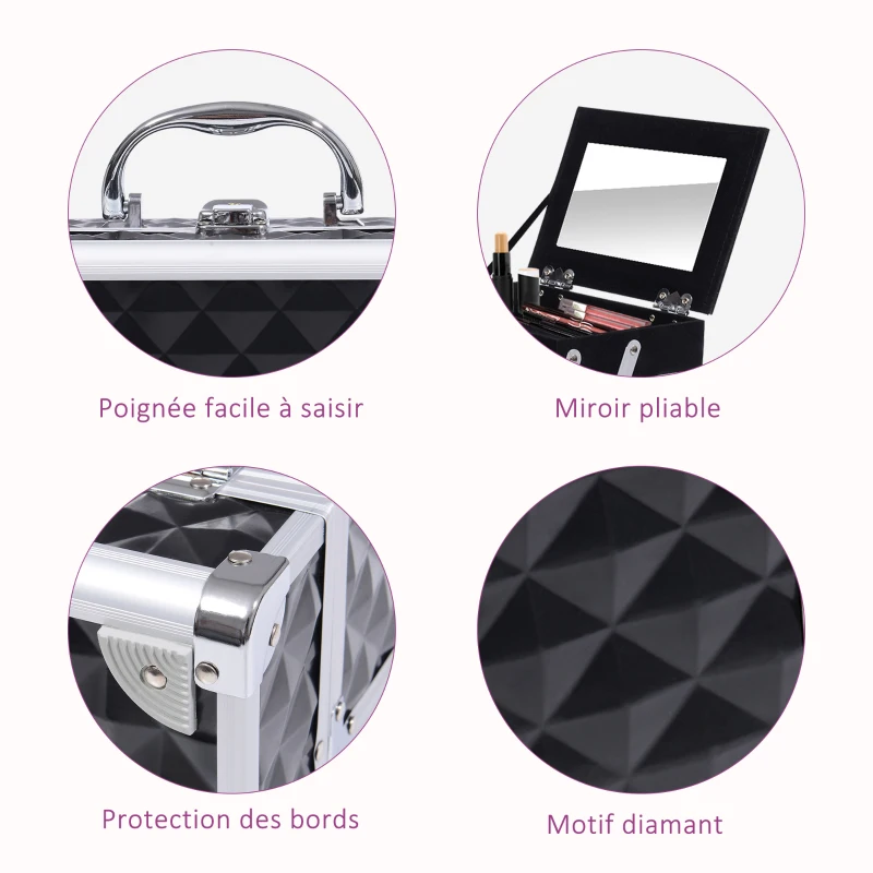 HOMCOM Mallette à maquillage rangement à 3 niveaux avec miroir verrouillage avec 2 clés dim. 20L x 15l x 15H cm noir