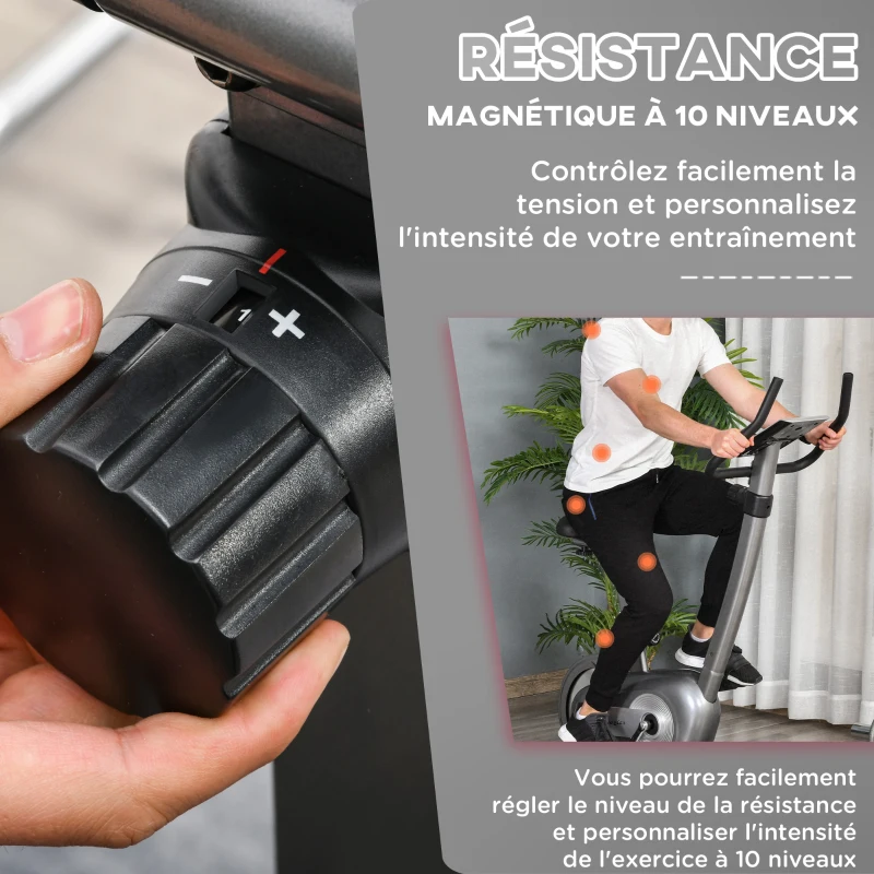 Vélo d'appartement volant d'inertie 8 Kg résistance magnétique 10 niveaux écran LCD multifonction capteur fréquence cardiaque selle réglable acier gris