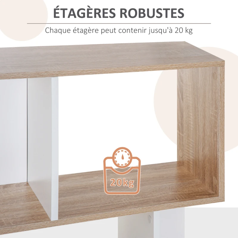 HOMCOM Bibliothèque à 5 niveaux, meuble de rangement en forme de S avec étagères, étagère de rangement pour salon, chambre bureau, 60 x 24 x 184,5 cm, bois de chêne, blanc