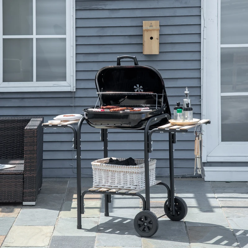 Outsunny Barbecue à charbon BBQ avec 2 roues, ustensiles, couvercle et étagères dim. 113L x 62l x 97H cm - métal émaillé noir