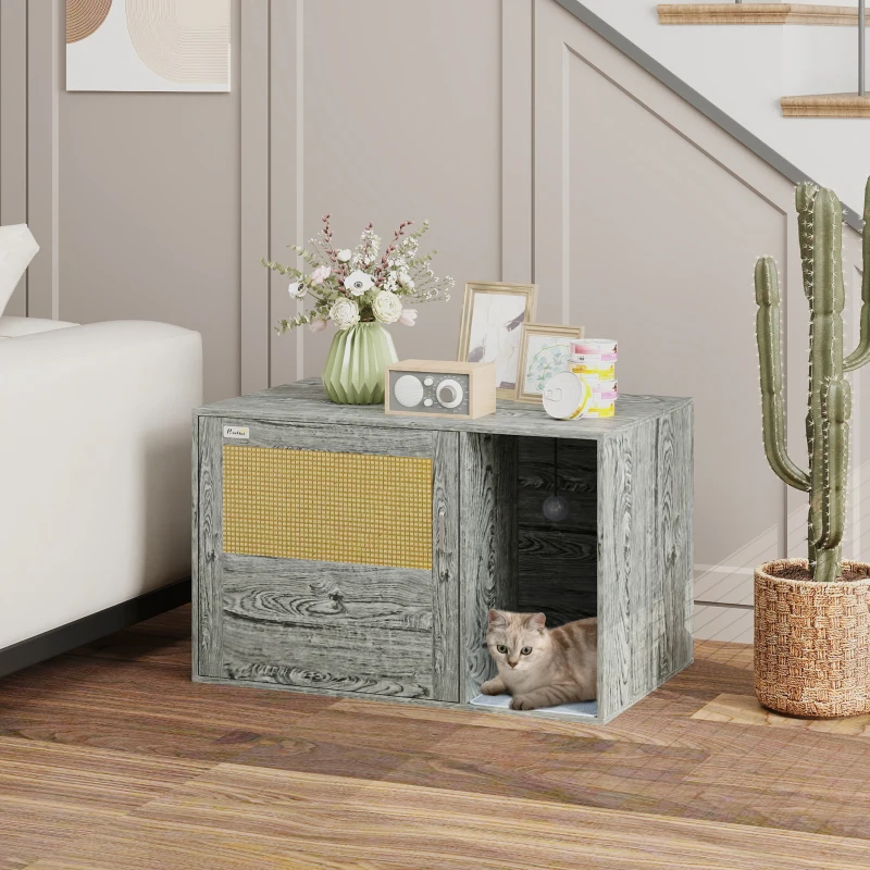 PawHut Cat Litter Box Enclosure with Rattan Door, Scratching Mat, Toy Ball, Non-Slip Foot Pads, Grey