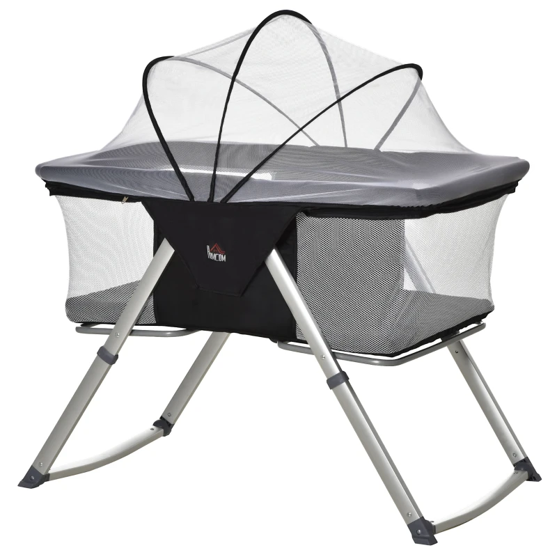 HOMCOM Culla da Campeggio 2 in 1 Pieghevole con Lettino a Dondolo e Zanzariera Età 0-6 Mesi, 59x55x67-69 cm, Nero