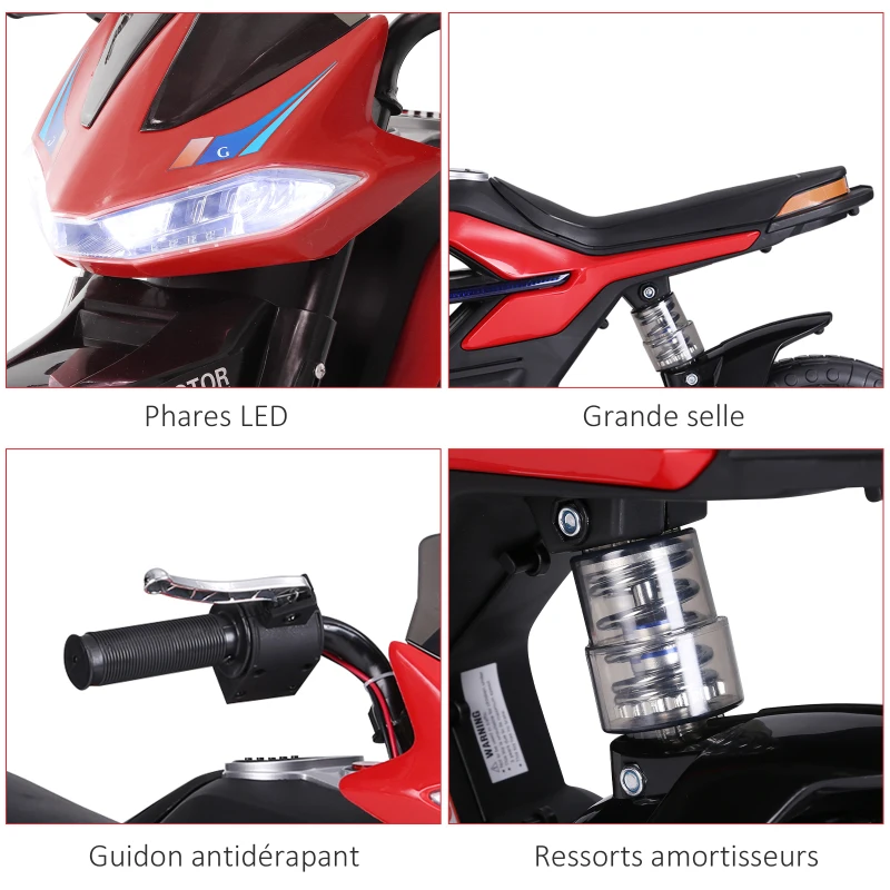 HOMCOM Moto électrique pour Enfants de 3-6 ans 25 W 6 V 3 Km/h Effets Lumineux et sonores roulettes Amovibles Charge max. 30 kg Rouge(m-6)