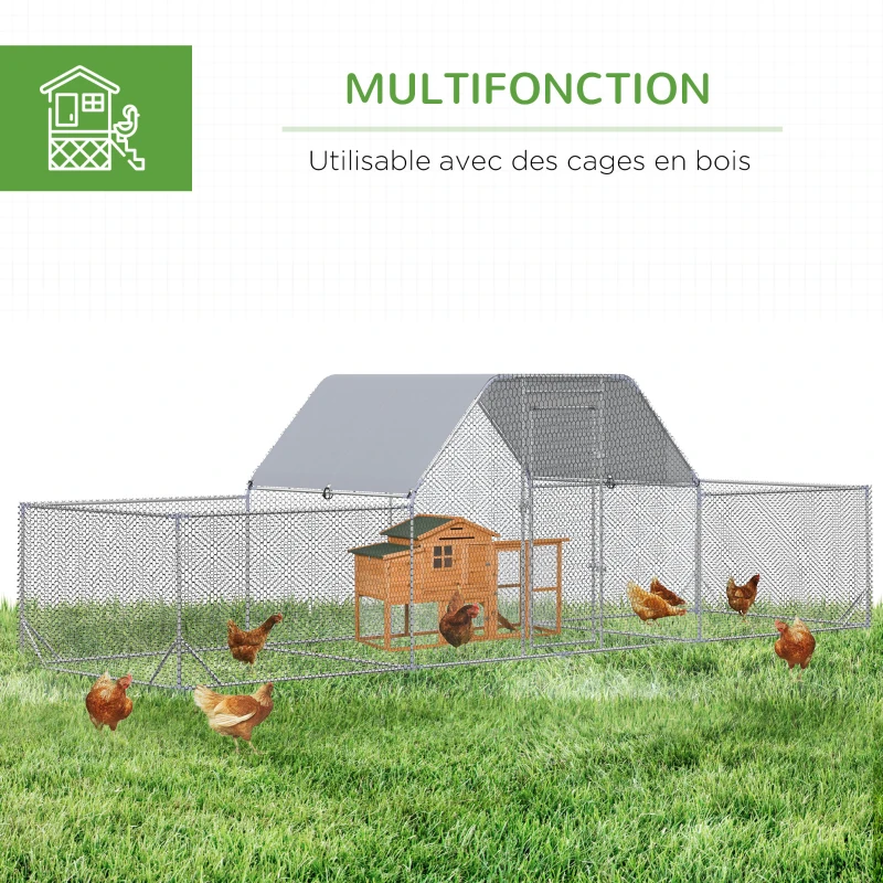 PawHut Enclos poulailler chenil volière extérieur 12,5 m² pour 12 à 15 poules 6,6 x 1,9 x 1,95 m acier galvanisé