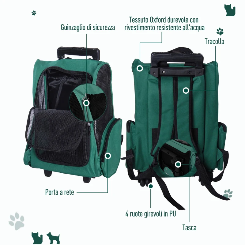 PawHut Trasportino Zaino 2 in 1 per Cani e Gatti con Tasche Laterali, Maniglia Telescopica e Ruote, 42x25x55cm, Verde