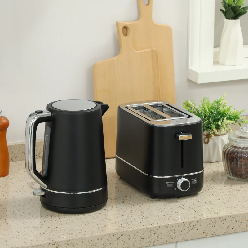 HOMCOM Kettle and Toaster Set, 1.7L 3000W Fast Boil Kettle & 2 Slice Toaster Kitchen Set with 6 Level Browning Controls, Defrost, Reheat, Black