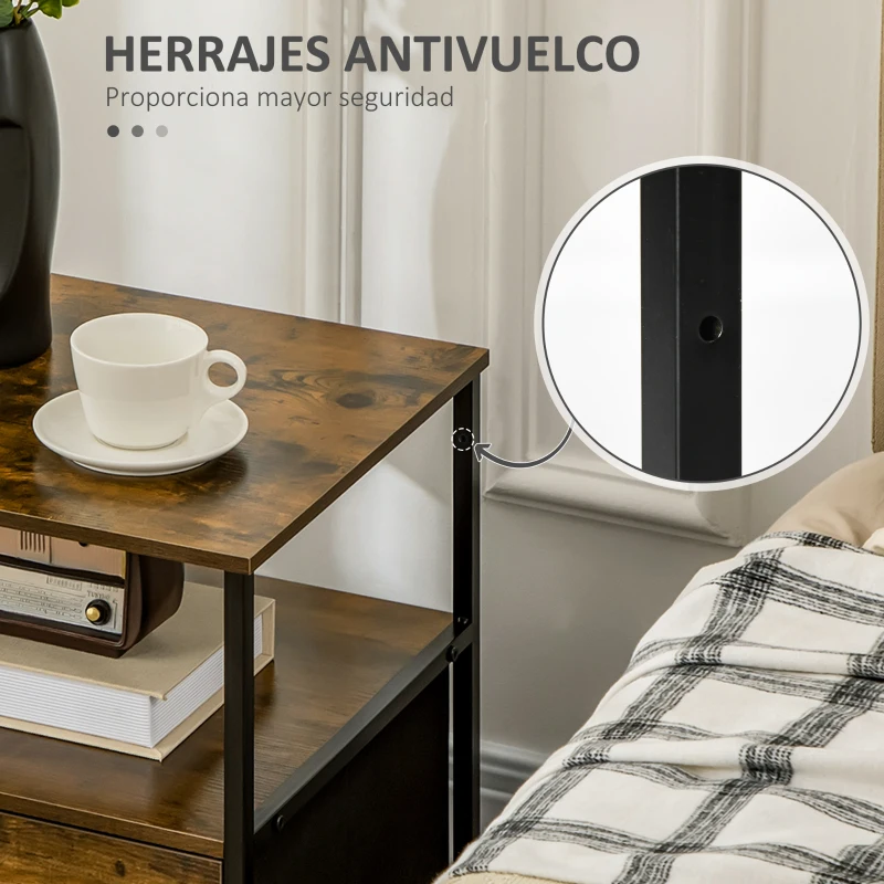 HOMCOM Mesita de Noche con 1 Cajón de Tela Plegable Mesa Auxiliar para Oficina Estudio 45x40x50,5 cm Marrón Rústico