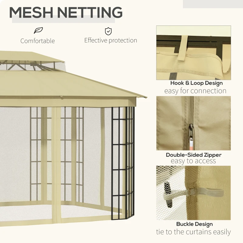 Outsunny 3.7 x 3(m) Patio Gazebo Canopy Garden Tent Shelter with 2 Tiers Roof and Mosquito Netting, Metal Frame, Beige