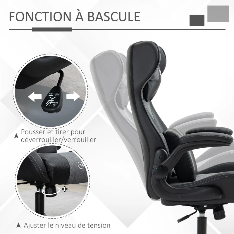 Vinsetto Chaise de gaming ergonomique avec base ronde hauteur réglable accoudoir relevable coussins tétière et lombaires PU gris noir(m-5)