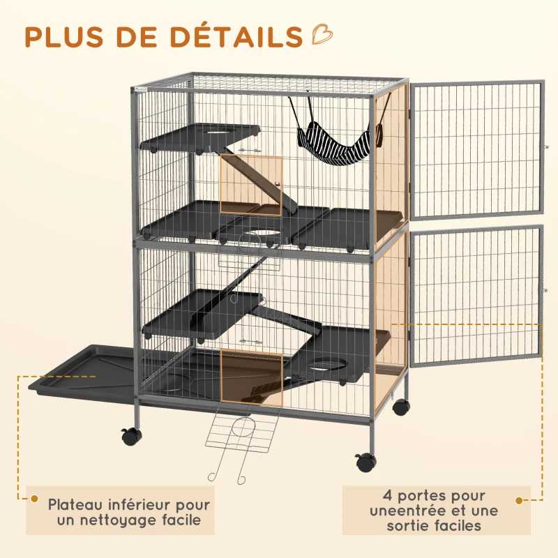 PawHut Cage pour rongeurs Multifonction 4 Plateformes 3 rampes 4 Portes dim. 80L x 52l x 128H cm acier Gris argenté Noir