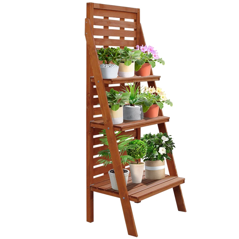 Outsunny Three-Tier Plant Stand, Wood Ladder Shelf for Flower Pot Display, Outdoor Indoor Organiser