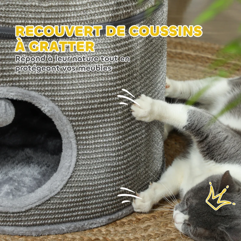PawHut Tour pour chat modulable tonneau griffoir chat avec fermeture éclair séparable 3 niveaux deux balles Ø 42 x 69H cm gris
