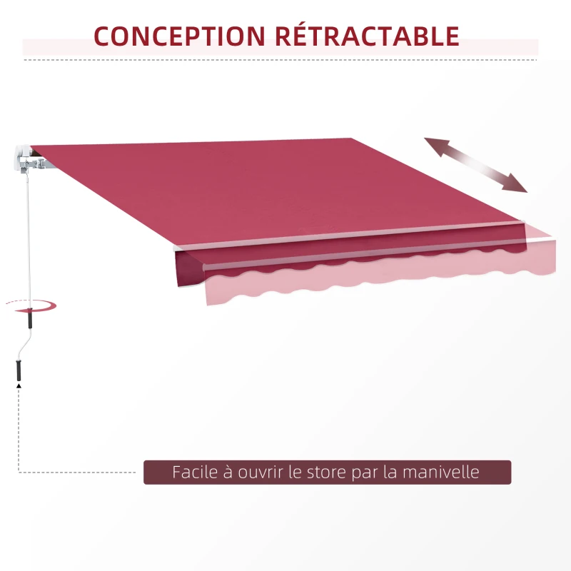 Outsunny Store banne manuel rétractable 395 x 245 cm store exterieur terrasse avec manivelle, angle réglable 45°-85°, aluminium et polyester 280 g/m², protection UV, auvent de terrasse, bordeaux