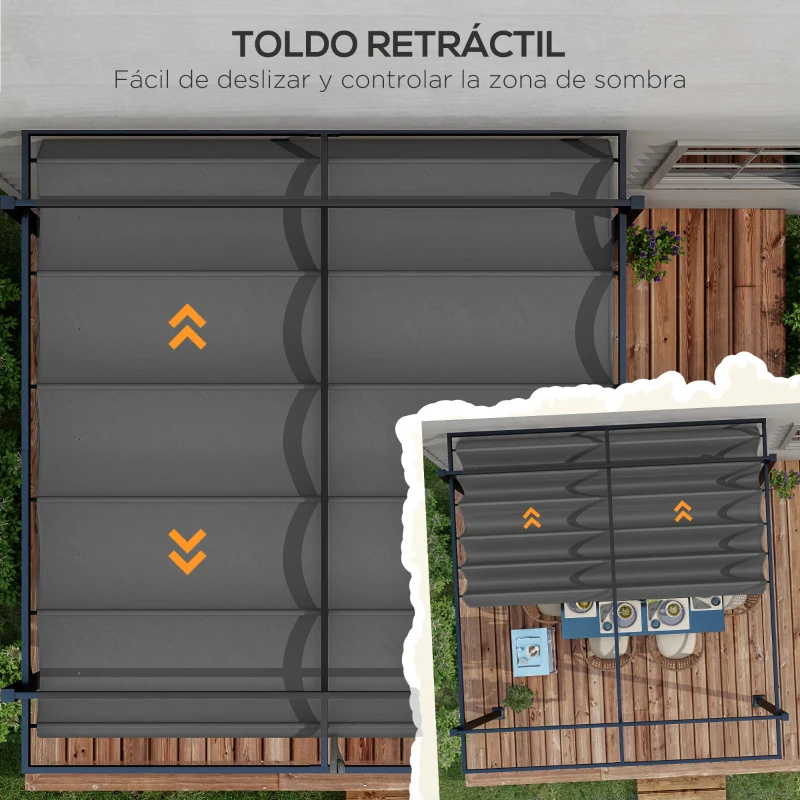 Outsunny Cenador de Jardín 3x4 m con Techo Retráctil de Poliéster y 12 Orificios de Drenaje Pérgola para Terraza Gris Oscuro