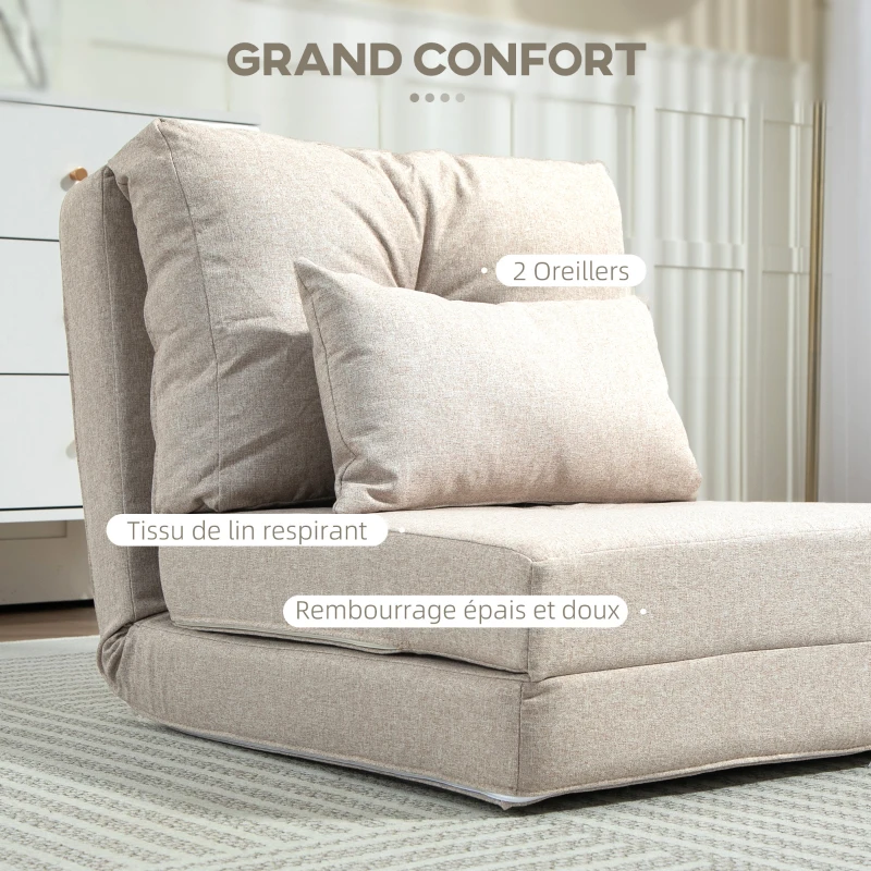 HOMCOM Chauffeuse canapé-lit convertible fauteuil 1 place avec 1 coussin avec dossier réglable, beige