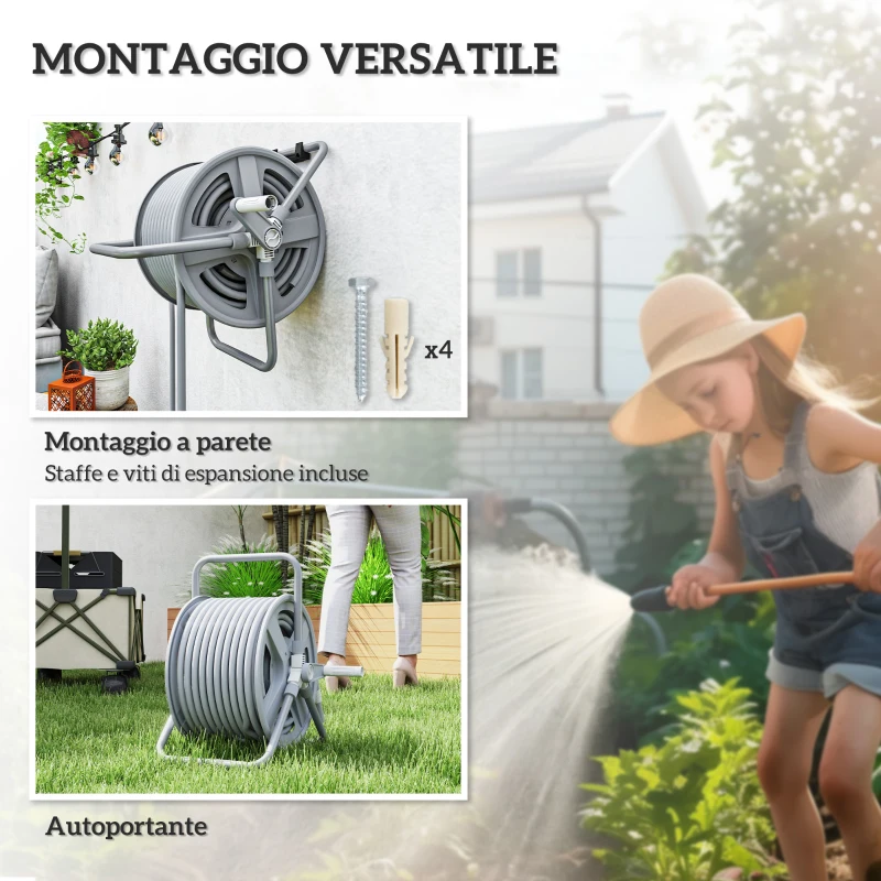 Outsunny Avvolgitubo da Giardino a Parete e Autoportante per 40m di Tubo con Manovella, Grigio