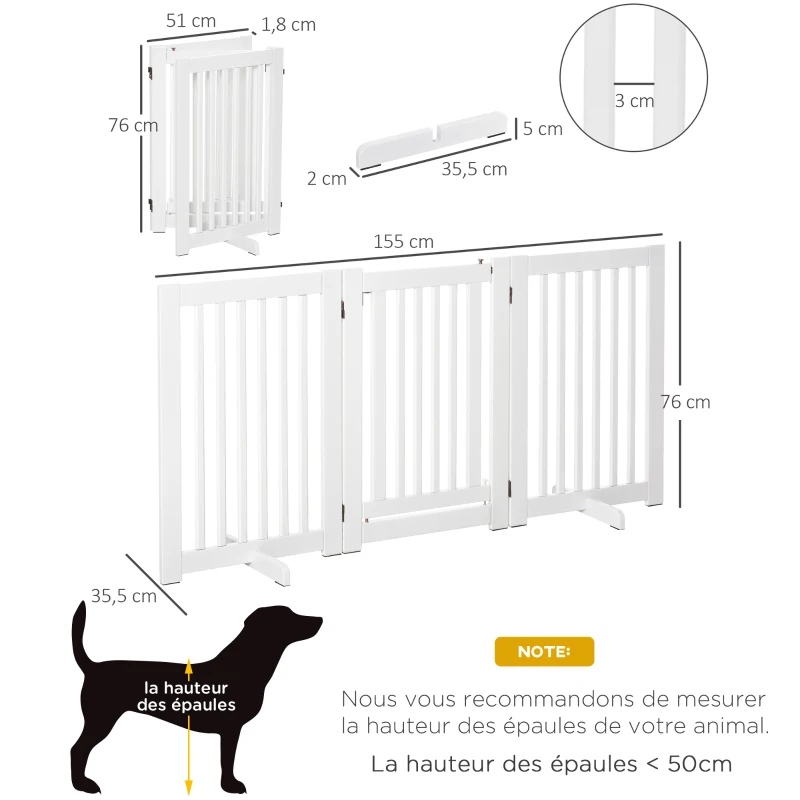 PawHut Barrière de sécurité chien barrière modulable pliable barrière chien à poser avec porte verrouillable intégrée 155 x 35,5 x 76 cm MDF blanc