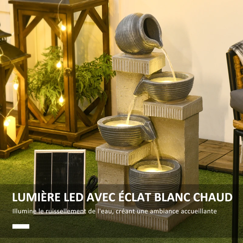 Fontaine de jardin Outsunny à énergie solaire fontaine à cascade en résine à 4 niveaux avec lumières LED et pompe gris