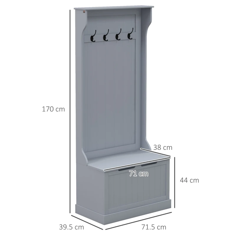 HOMCOM Mobile Appendiabiti 3 in 1 con 4 Ganci e Panca Contenitore, in Legno, 71.5x39.5x170 cm, Grigio