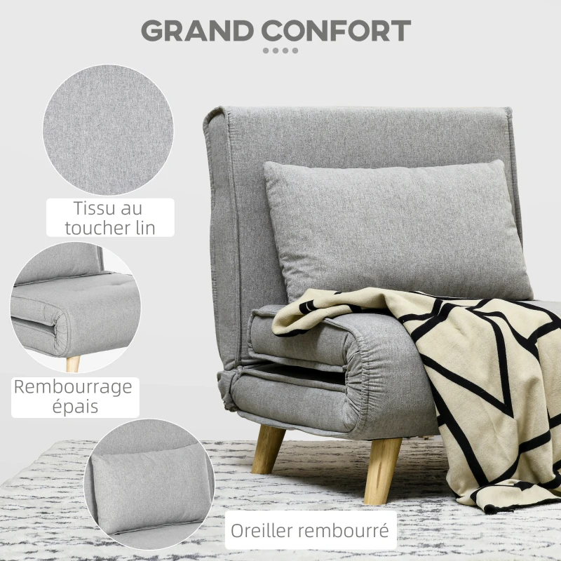 HOMCOM Fauteuil convertible 2 en 1 chauffeuse lit 1 place Dossier Réglable pieds en Bois et coussin