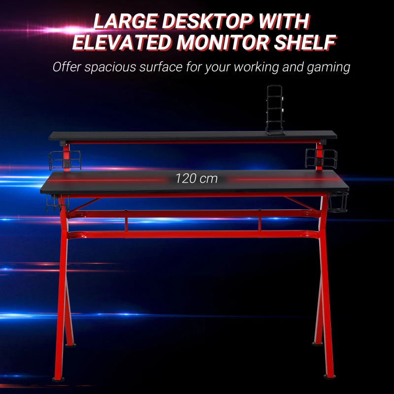 HOMCOM Gaming Desk Computer Table Ergonomics Workstation for Home Office with Cup & Speaker &Game Controller Holder Headphone Hook 120cm x 60cm x 96.5cm Black and Red