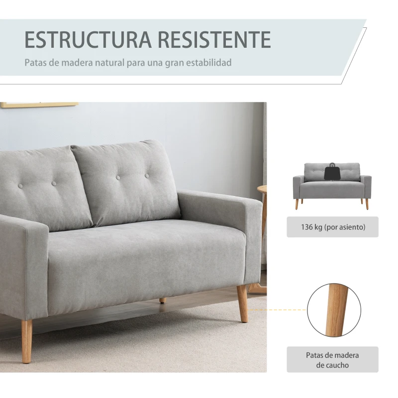 HOMCOM Sofá de 2 Plazas con 2 Cojines Reposabrazos y Patas de Madera de Caucho para Dormitorio Oficina 145x76x88 cm Gris