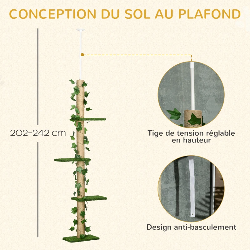 PawHut Arbre à chat poteau à griffer fixation plafond hauteur réglable 37 x 21 x 202- 242 cm 4 niveaux vert