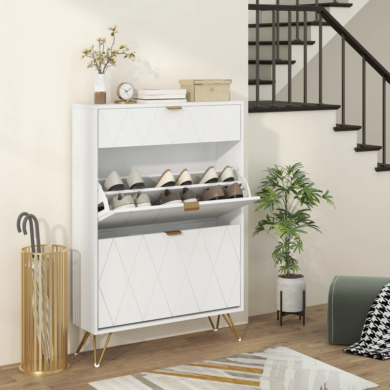 HOMCOM Two Flip Drawer Narrow Shoe Cabinet - White