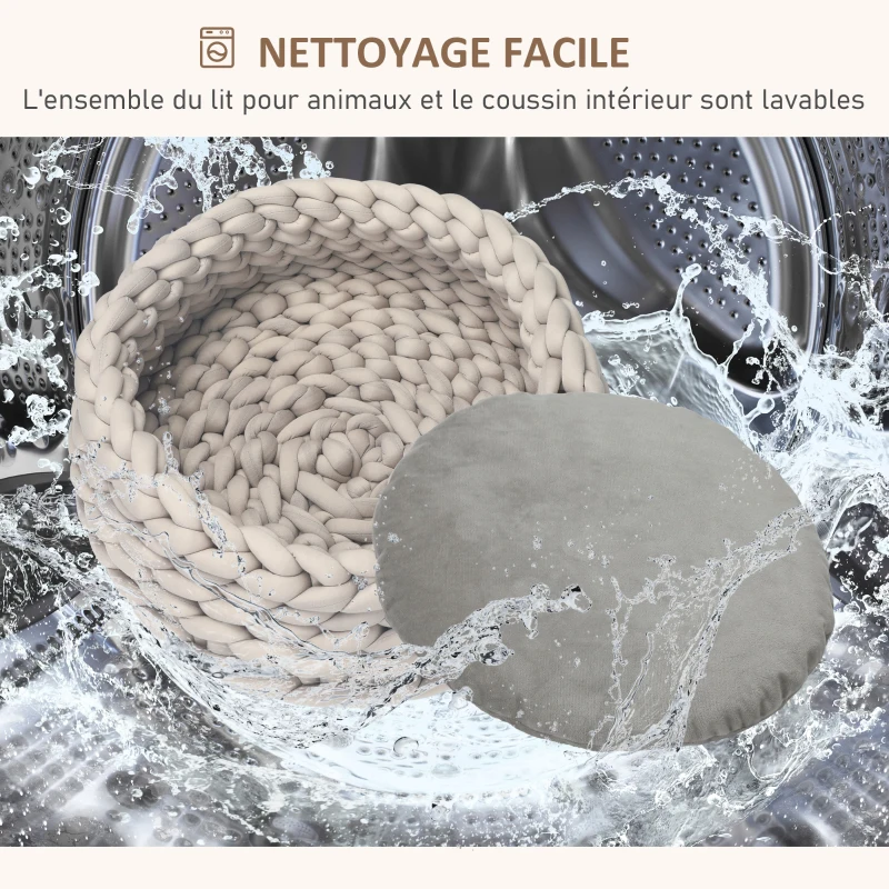 PawHut Panier pour chien et chat de 50 cm de diamètre effet tressé tricot - coussin amovible et lavable en Machine - beige