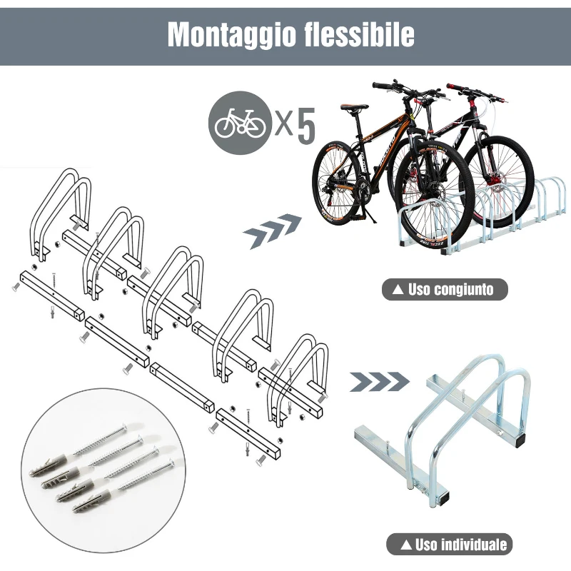 HOMCOM Rastrelliera Biciclette da Pavimento o Parete, Portabici da Terra per 5 Biciclette in Acciaio, Ruote Fino 55 mm, 145x33x27 cm, Argento