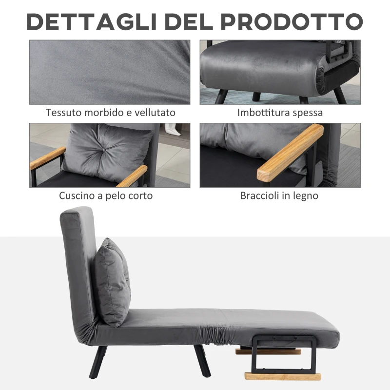 HOMCOM Poltrona Letto 3 in 1 con Schienale Reclinabile in 5 Posizioni e Cuscino, 63x73x81 cm, Grigio Scuro