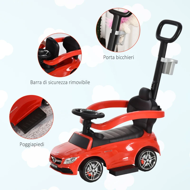 HOMCOM Macchina Cavalcabile per Bambini 12-36 Mesi con Maniglione e Barre di Sicurezza Rimovibili, Licenza Mercedes, Rossa