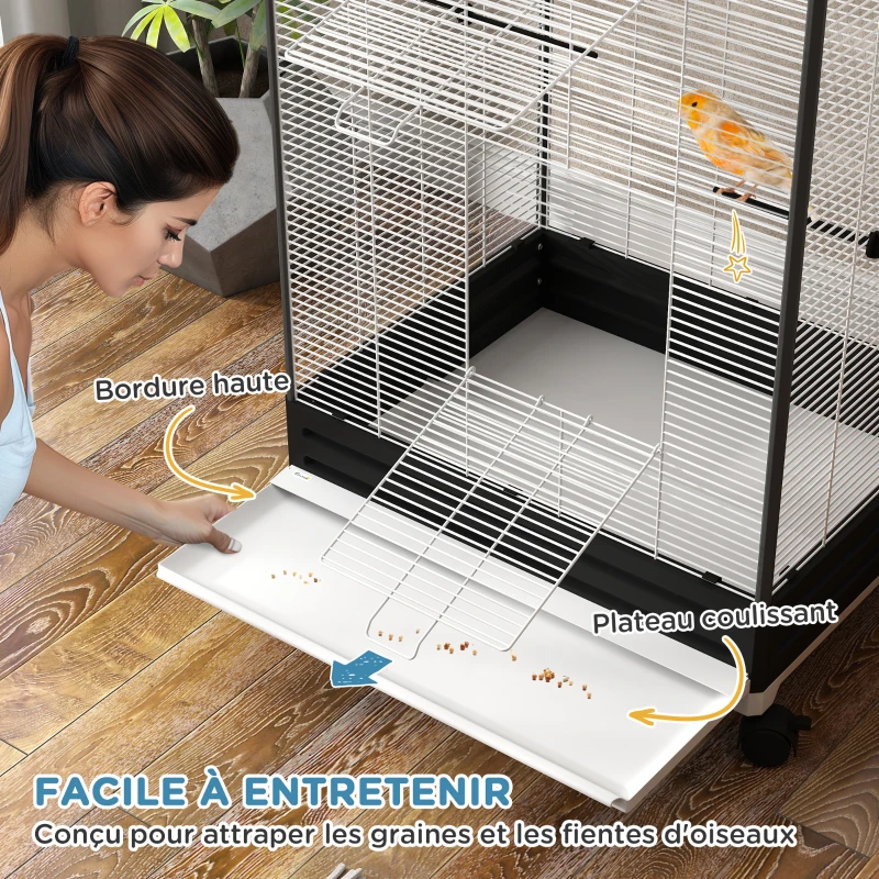 PawHut Cage oiseau sur pied volière oiseaux intérieure sur roulettes 2 mangeoires 8 perchoirs 79 x 65 x 155 cm fil d'acier noir
