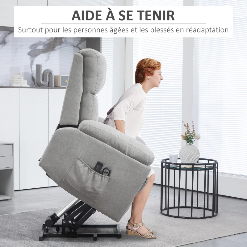 HOMCOM Fauteuil releveur électrique massant et dossier inclinable avec repose-pied télécommandes revêtement imitation lin gris