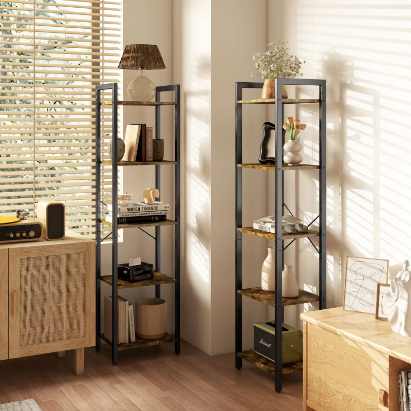 HOMCOM Lot de 2 étagères bibliothèque style industriel H154 cm 10 étagères acier noir en bois aspect bois vieilli