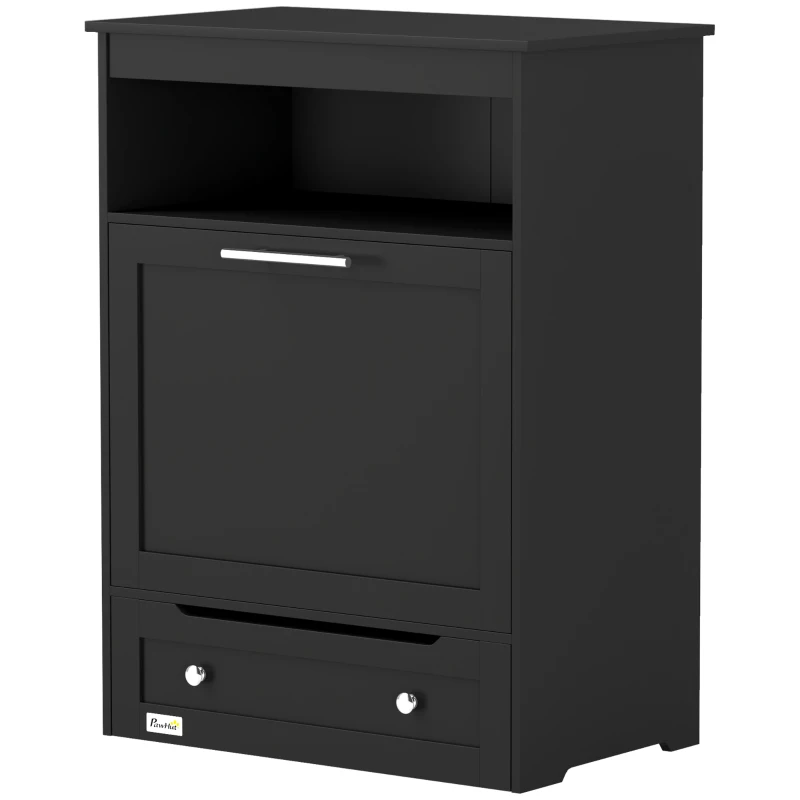 PawHut Pet Feeder Station, Dog, Cat Storage Container, with Raised Bowls, Hanger, Cabinet - Black