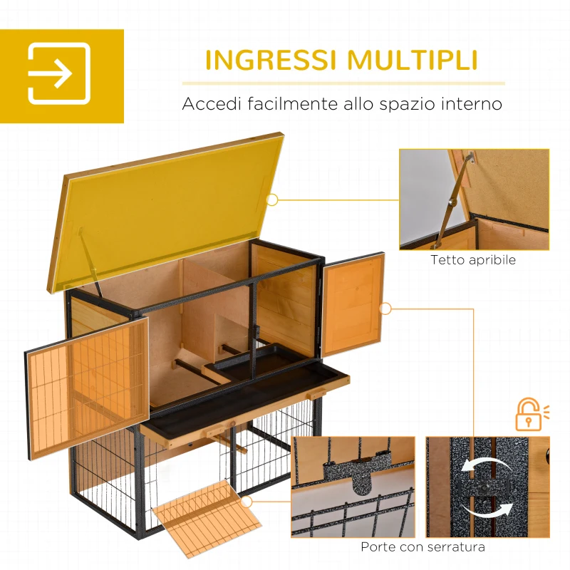 PawHut Gabbia per Conigli con Rampa e Area Aperta, Conigliera in Legno e Metallo su 2 Livelli, Giallo Chiaro, 89.5x45x81cm