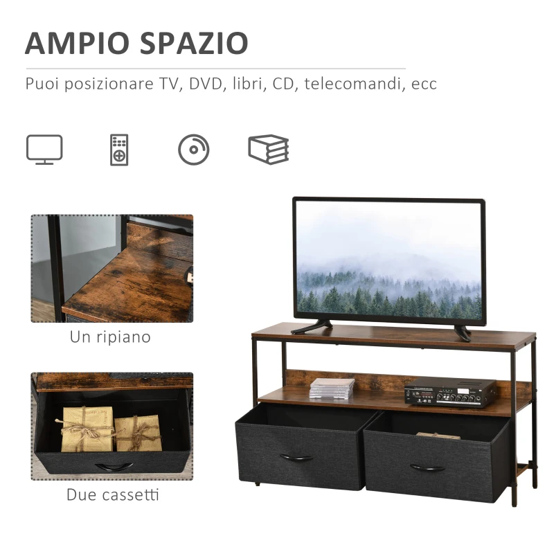HOMCOM Mobile Porta TV da 47" con Cassetti Pieghevoli in Tessuto e Mensola, Mobiletto TV in Metallo e MDF, 98x29x56cm, Marrone Rustico