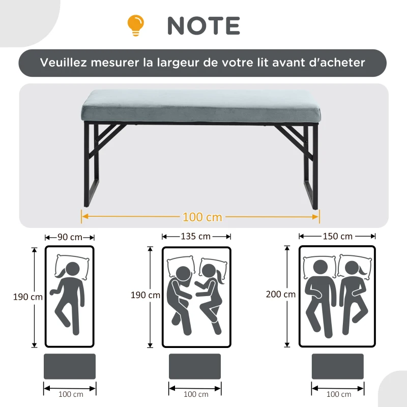 HOMCOM Banc bout de lit banquette banc en tissu velours cadre en acier 100 x 35 x 47 cm bleu clair