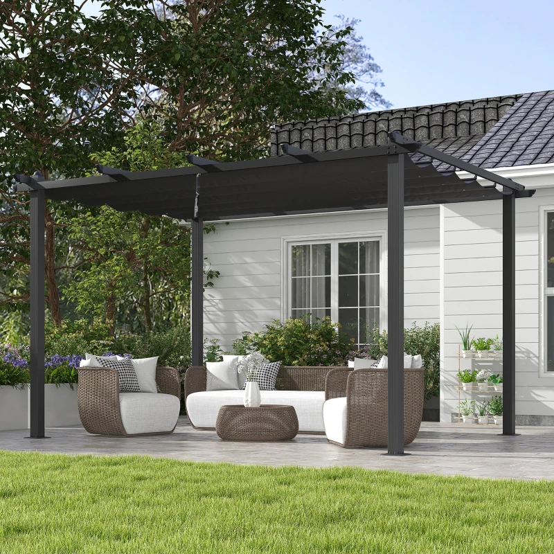 Outsunny Pergola Gazebo 4x3 m con 8 Fori di Drenaggio, in Alluminio, Metallo e Poliestere, Grigio Scuro