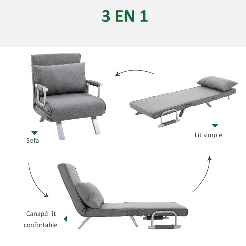 HOMCOM Fauteuil chauffeuse canapé-lit Convertible 1 Place déhoussable Grand Confort Coussin Pieds accoudoirs métal Lin Gris Clair