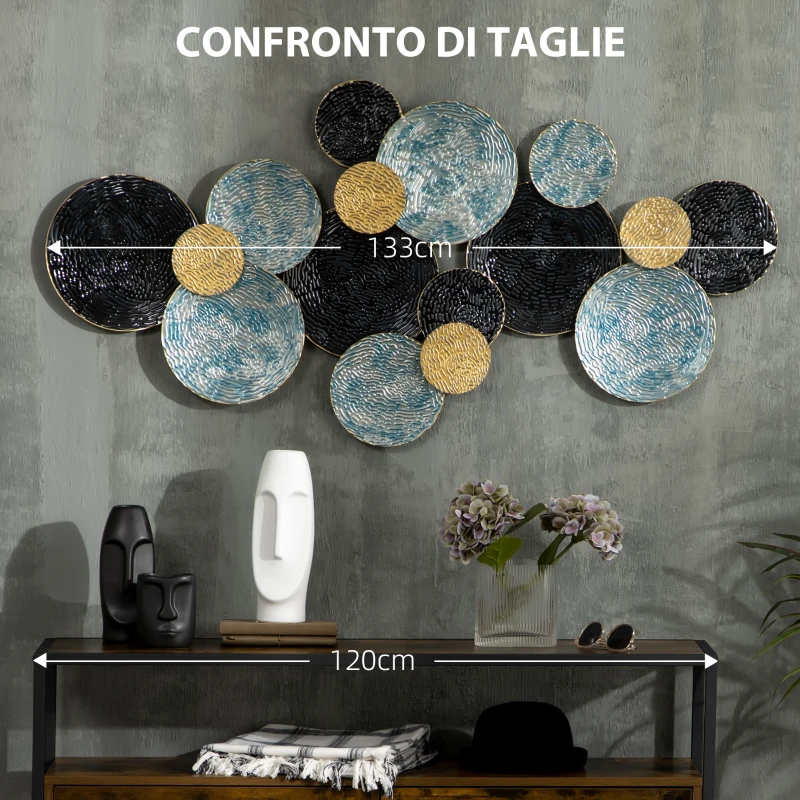 HOMCOM Decorazione Murale in Metallo 3D, Wall Art a Cerchi 133x66cm, Blu, Nero e Oro
