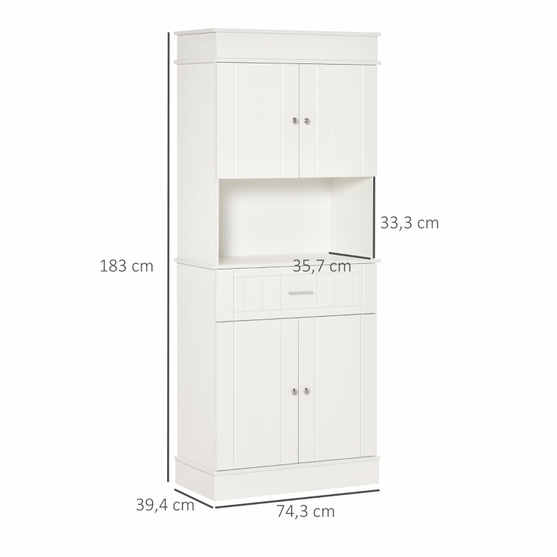 HOMCOM Mueble Auxiliar de Cocina Aparador Alacena con 1 Cajón 4 Puertas y Estantes Interiores Ajustables para Comedor Salón Antivuelco 74,3x39,4x183 cm Blanco